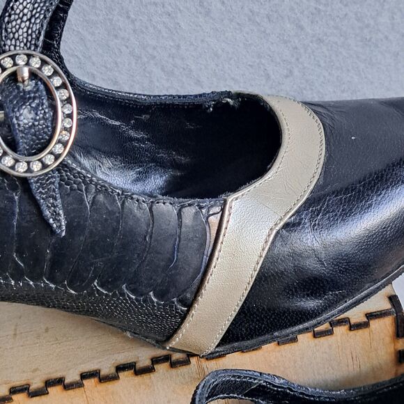 Vintage Handmade Mary Jane Womens 7.5 Black Patent Kitten Heels Rhinestone Retro - Picture 11 of 15